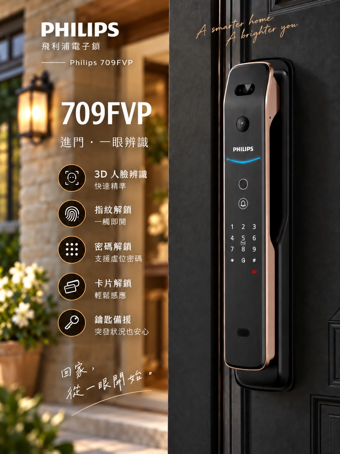 Philips 709FVP 門外|人臉辨識、指紋、密碼、感應卡與鑰匙