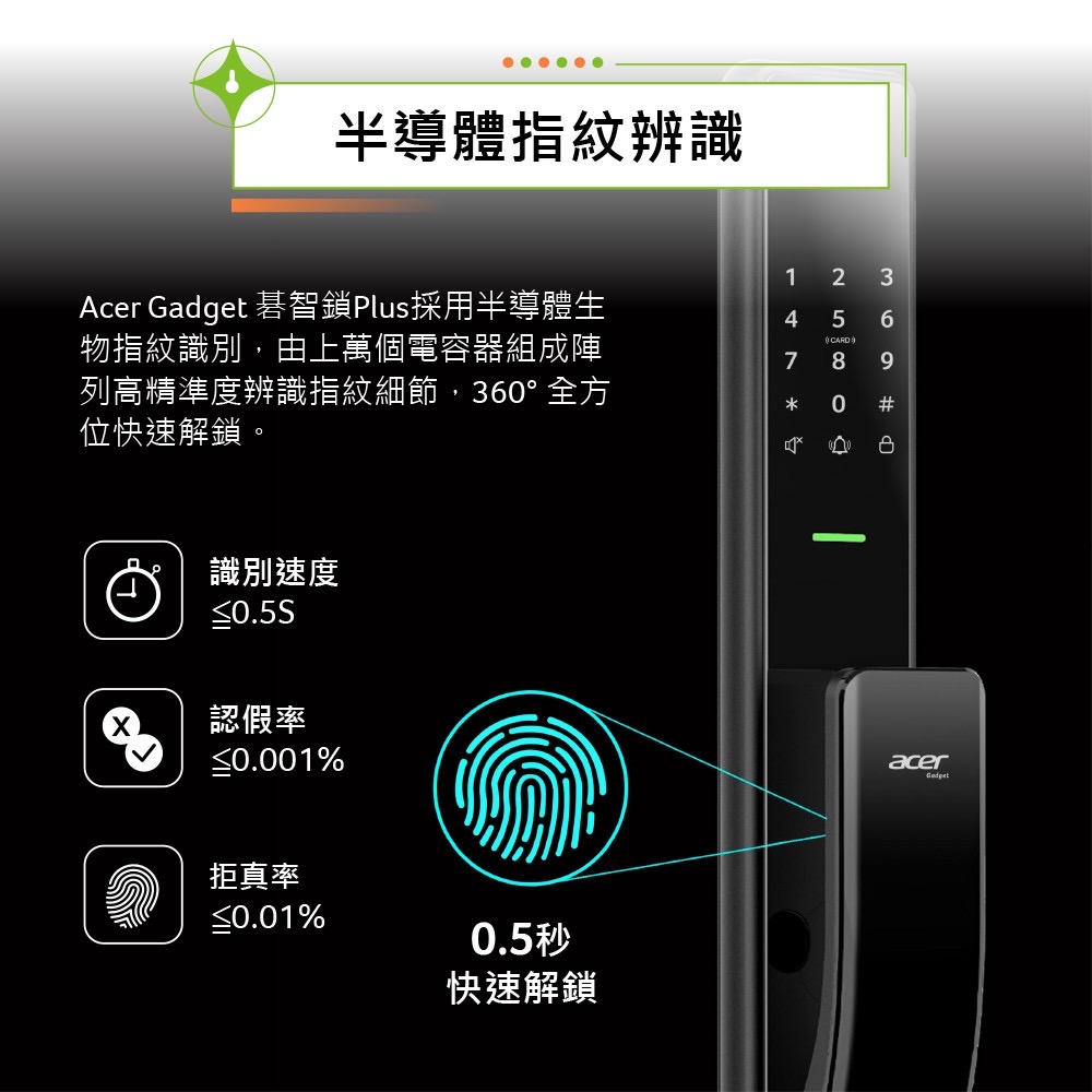 Acer五合一電子鎖 半導體指紋辨識