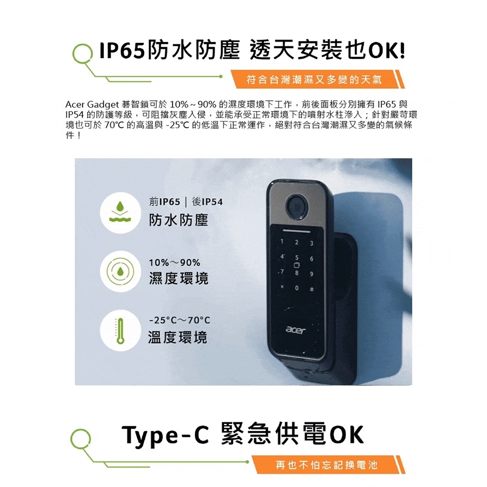 Acer電子鎖 ODL101 IP65 防水防塵示意