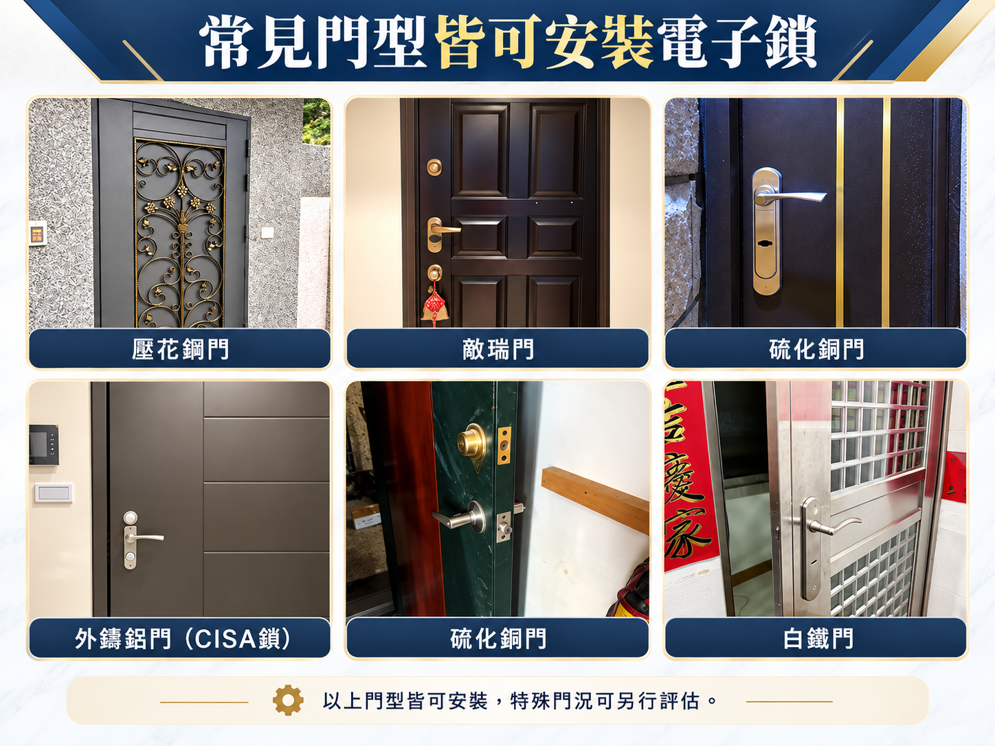 壓花鋼門、敵瑞門、硫化銅門、外鑄鋁門 CISA 鎖、硫化銅門與白鐵門皆可評估安裝電子鎖