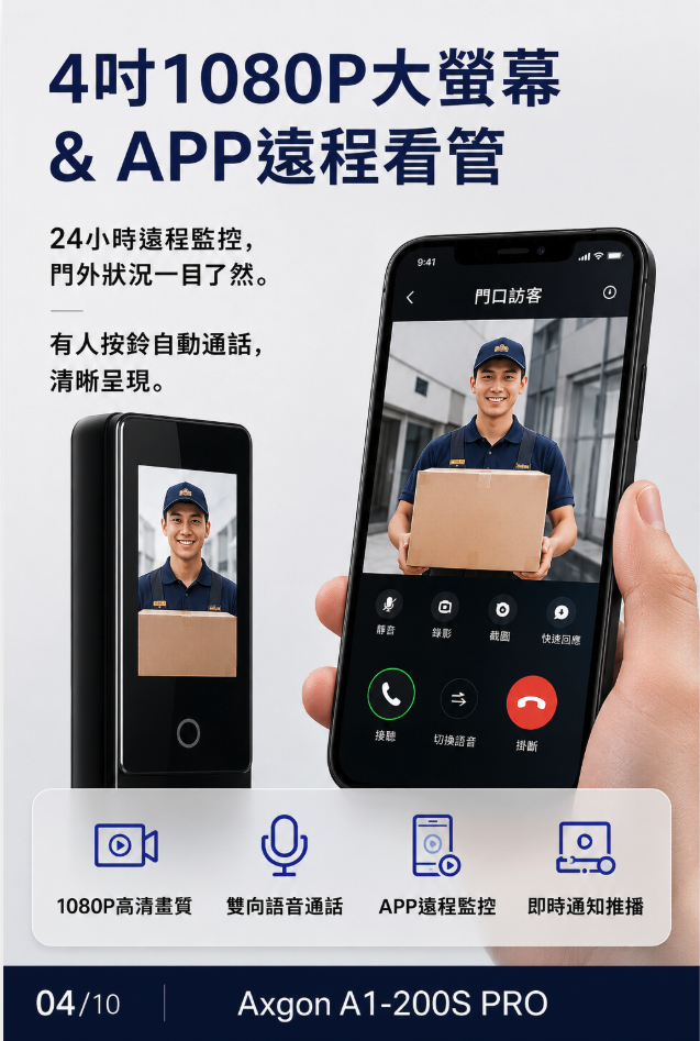 Axgon A1-200S PRO APP遠端電子貓眼，可查看門外訪客的電子鎖