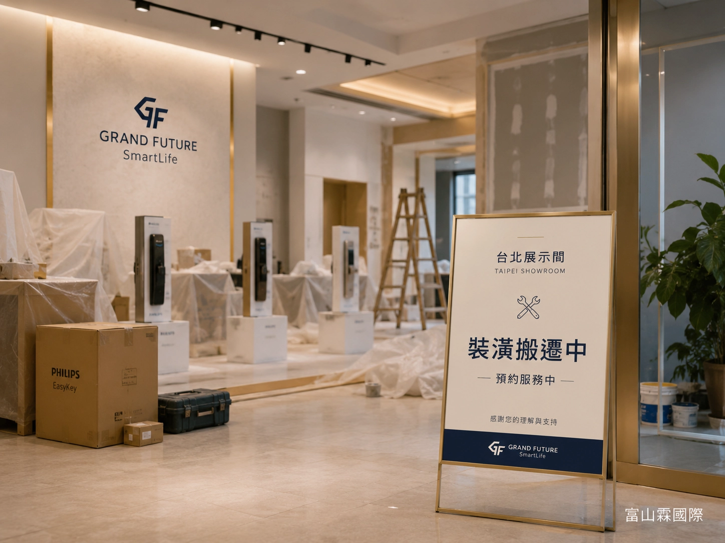 富山霖台北展示間裝潢搬遷中，提供 Philips 飛利浦電子鎖預約與門型評估服務