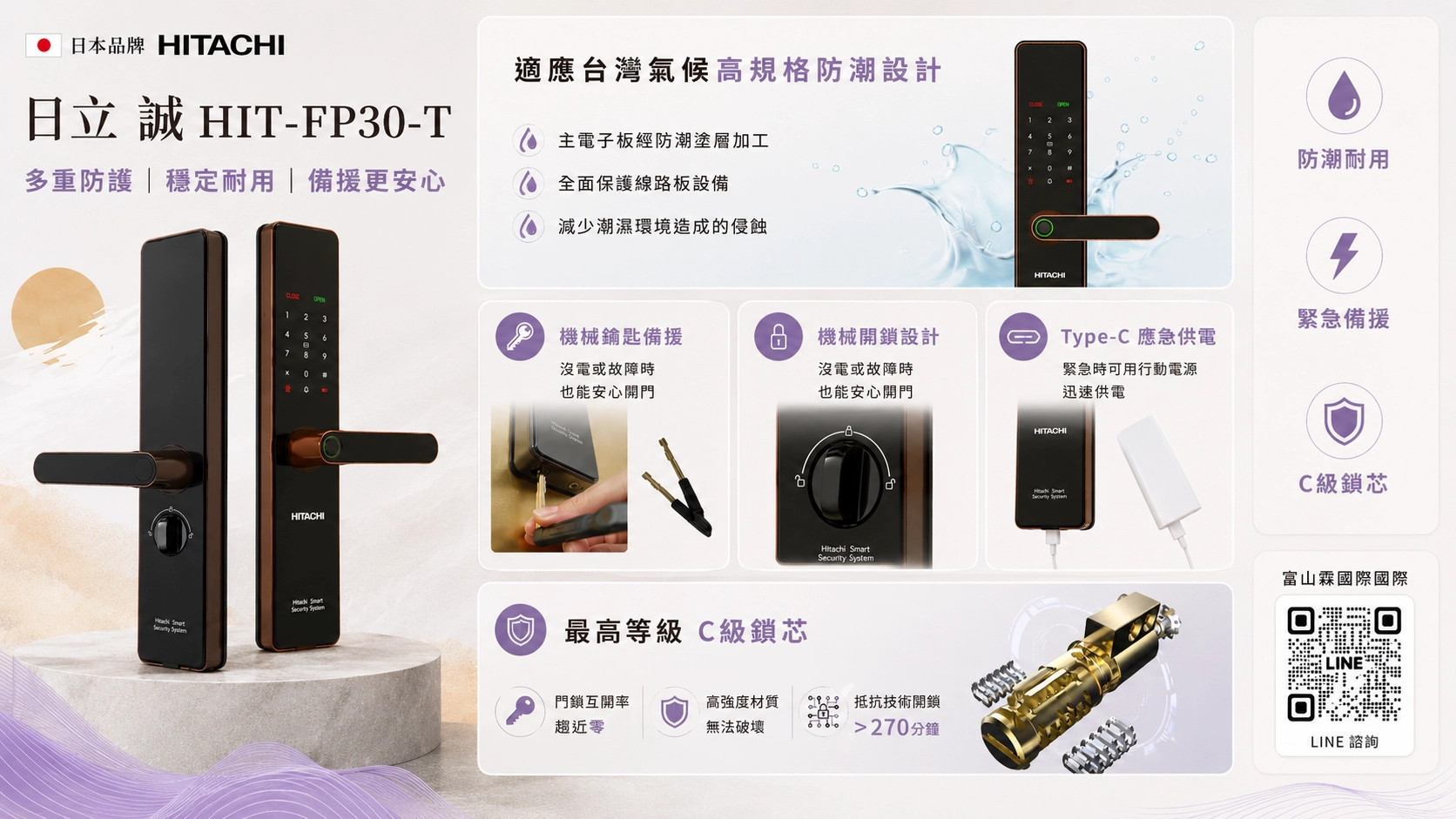 日立誠電子鎖高規格防潮、機械鑰匙備援、Type-C 應急供電與 C 級鎖芯安全介紹