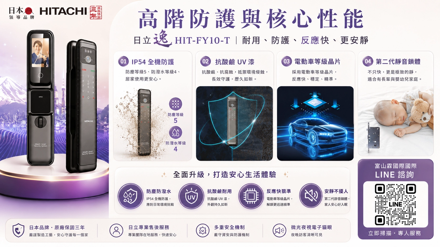 日立逸HIT-FY10-T高階防護IP54防塵防水抗酸鹼UV漆電動車等級晶片第二代靜音鎖體