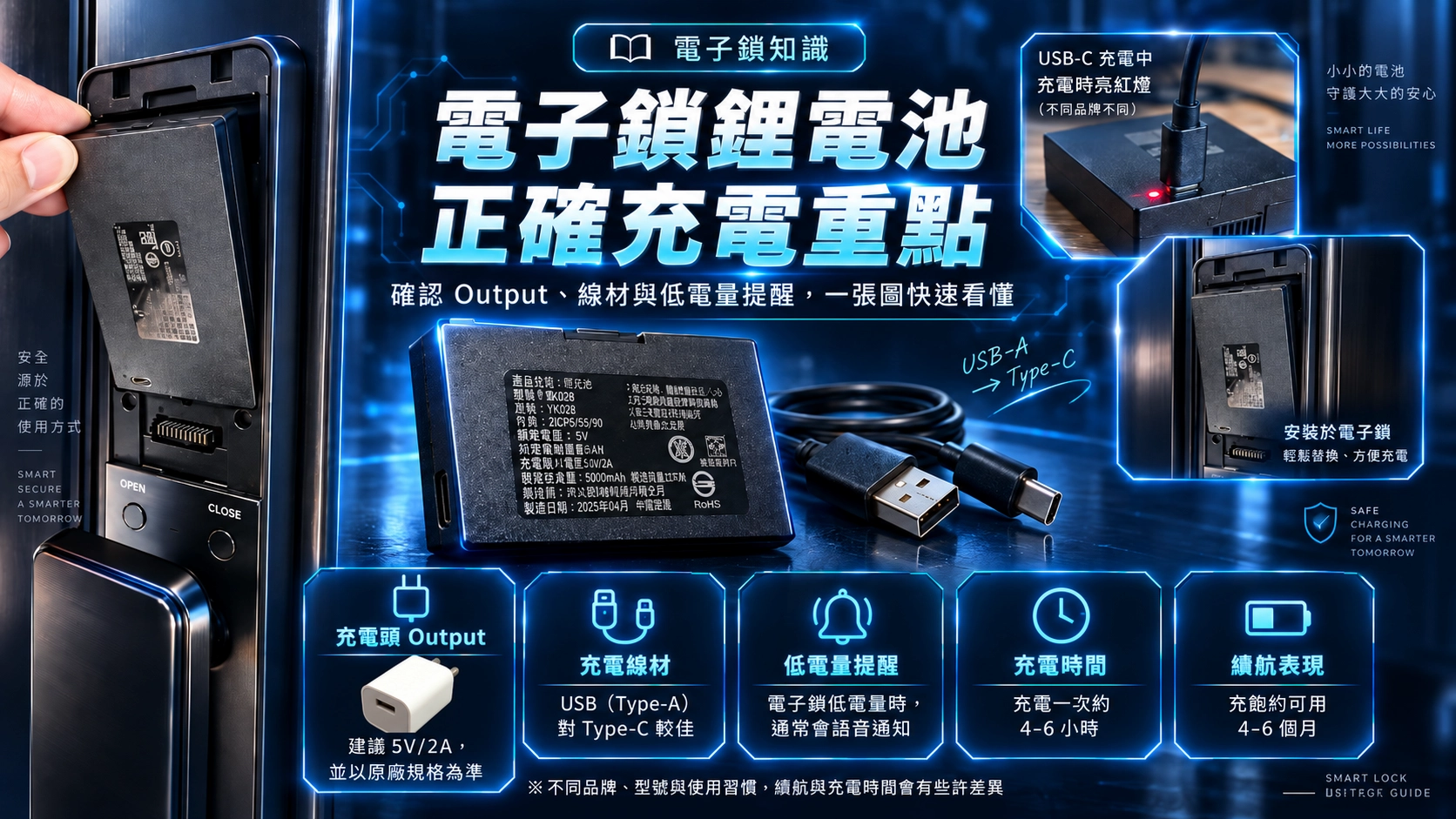 電子鎖鋰電池充電注意事項,5V2A、充電頭與保養指南